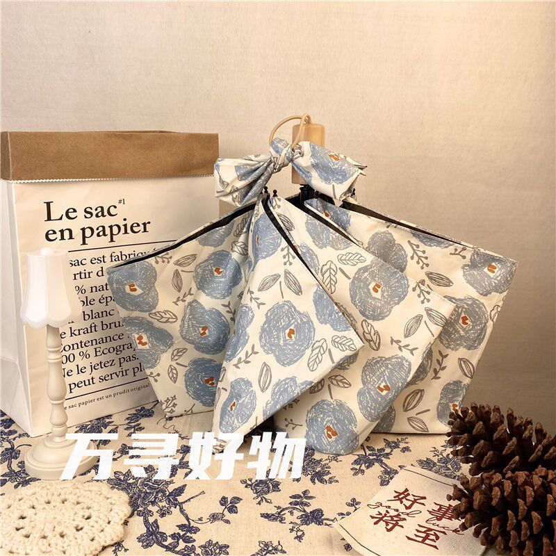 In automatic black umbrella five-fold sunscreen dual use sunscreen Han edition of the simple cute debris wood handle umbrella