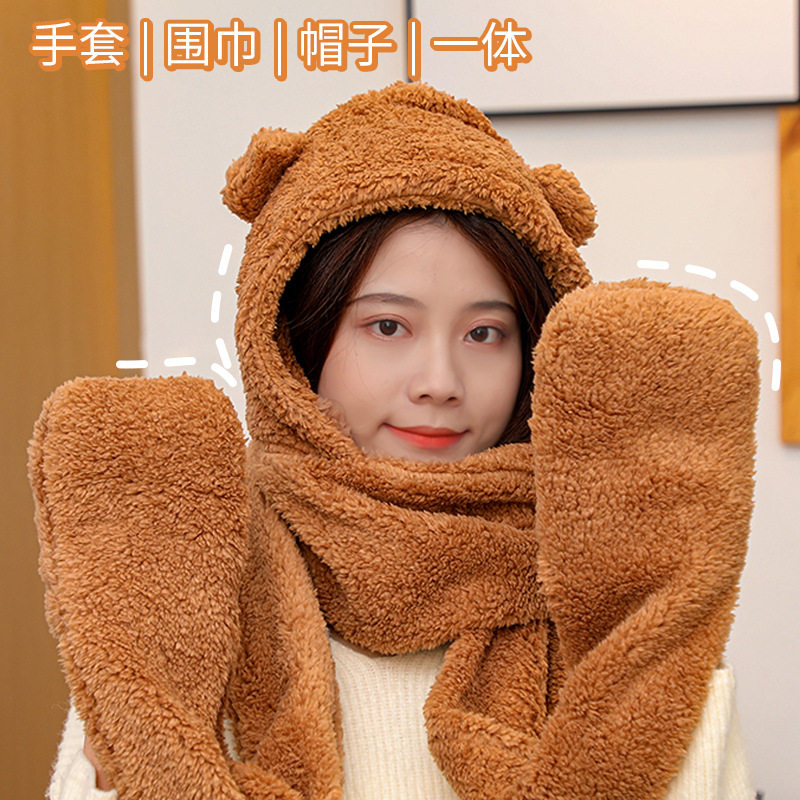 New winter warm hooded scarf cute bear scarf hat ear headgear neck sleeve one hat scarf gift