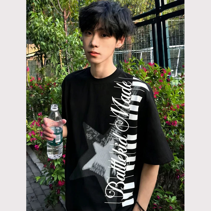 Trendy American-Style Creative Guitar Key Print Short-Sleeve T-Shirt for Men, Summer High-End Heavy-Duty Regular Shoulder Couple's Top