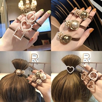 South Koreas new sweet full headdress semi-imitation pearl love head rope hair ornaments clear heart simple tie hair circle rubber band meatball head