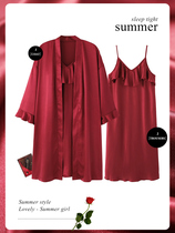 Sexy hanging robe woman summer ice wire sexy two sleeping dress red wedding bride morning robe man