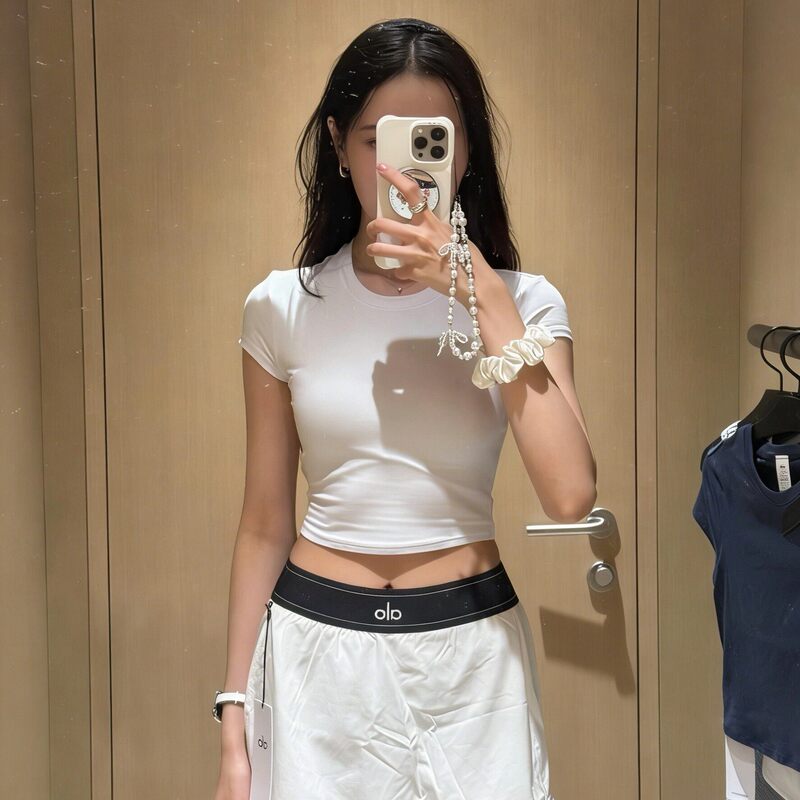 American Al0Ygg Suitable Short Original Round-Neck T-Shirt, Solid Color, Thin, Slim-Fit, Casual, Yoga, Fitness, Quick-Drying Short