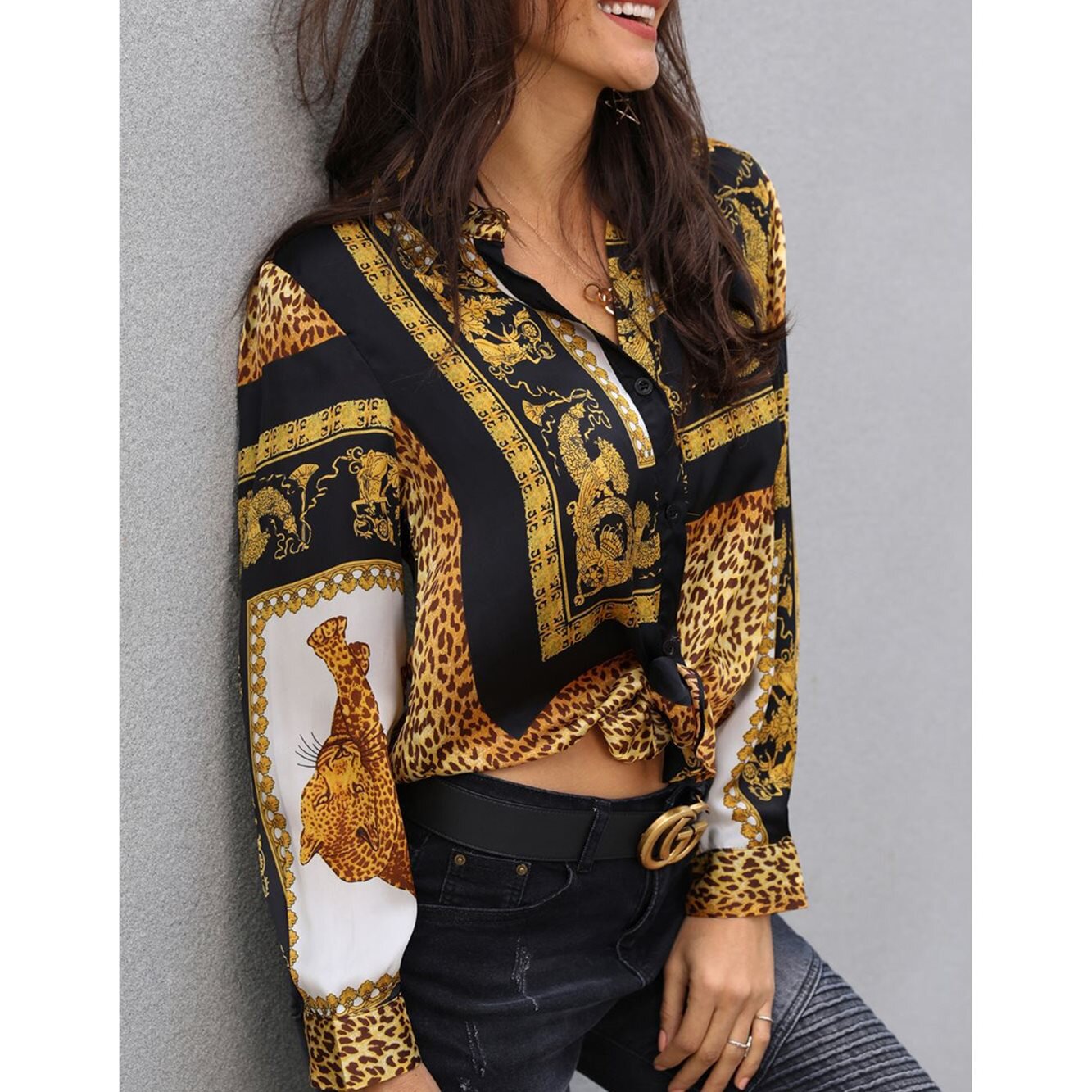 new wn Collar Female Leopard Print Knot Front Long Sleeve B