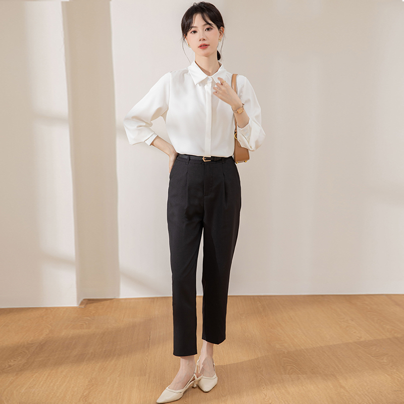 Spring Outfit Set, Professional Long-Sleeved White Shirt for Women, Formal Wear for Civil Servants, Teachers, Workwear, Commuting, Interview Tops