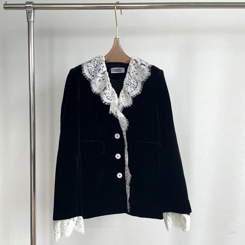 eenk Song Hye Kyo same style black stitching lace velvet suit jacket women's autumn and winter 2021 new temperament trend