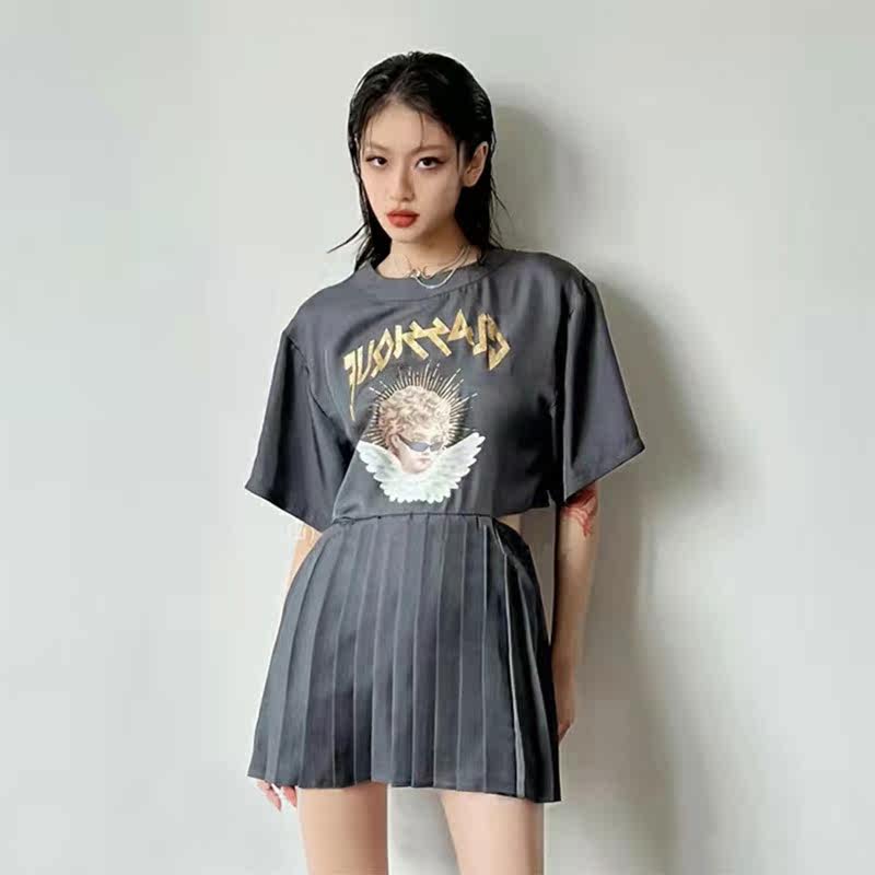Checked version ych angel waist pleated dress female summer 2022 new round neck short sleeve stitching short version T-shirt skirt