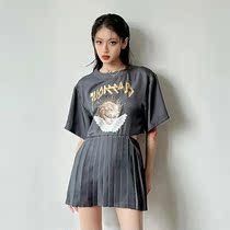 Overpass version ych angel dew waist 100 plexor dress lady summer 2022 new round collar short sleeve splicing short t-shirt dress