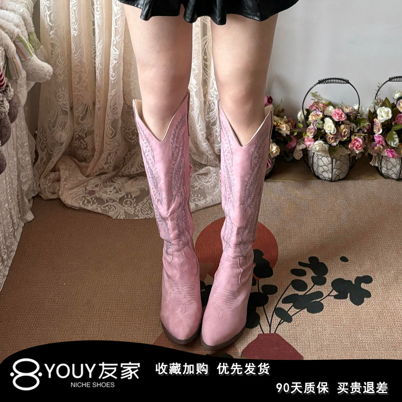 Youy Western Cowboy Boots for Women 2026 New Retro Pink Embroidered Fashion Boots Side Zipper High Heel Long Boots Youy Western Cowboy Boots for Women 2026 New Retro Pink Embroidered Fashion Boots Side Zipper High Heel Long Boots