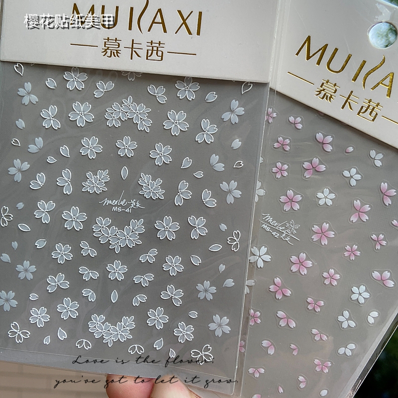 2026 New White Cherry Blossom Flower Nail Stickers Embossed Style Gradient Pink Cherry Blossom Thin and Flexible Nail Decals