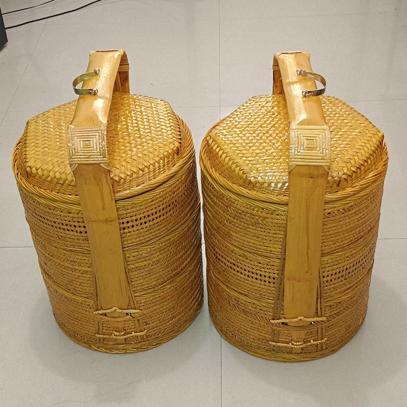 Buddha Birthday Incense Basket, Three-Layer Handmade Golden Lacquered Bamboo Basket, First-Layer Leather Basket, Pig Head Cake Offering Basket