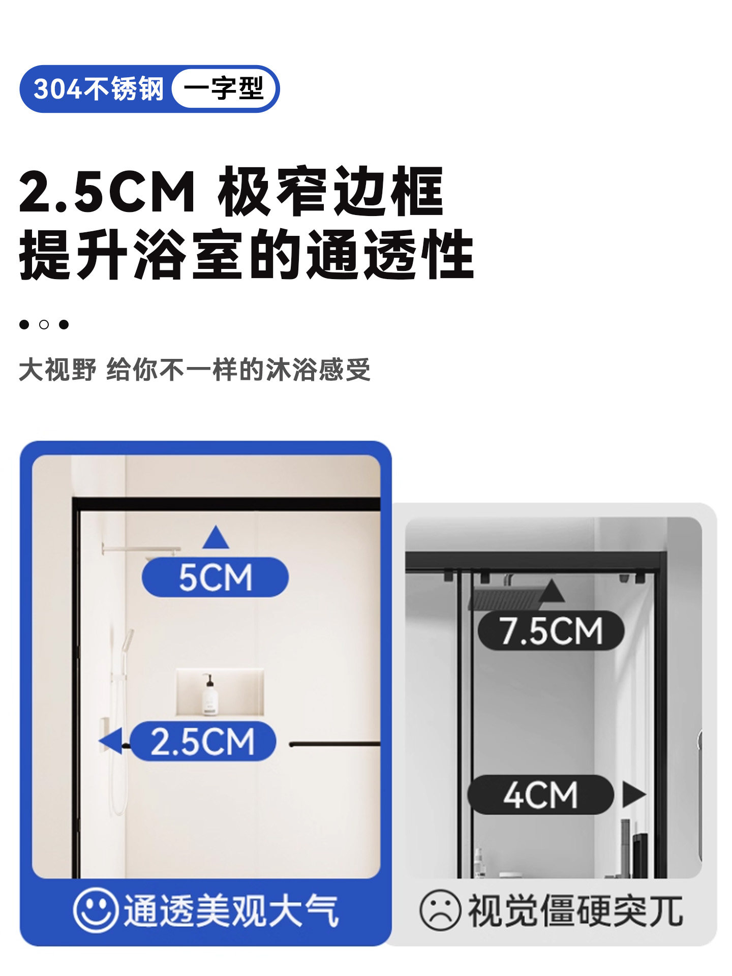 Shower Room Extremely Narrow Straight-Shaped Bathroom Stainless Steel Shower Partition Glass Bath Screen Household Dry and Wet Separation Sliding Door