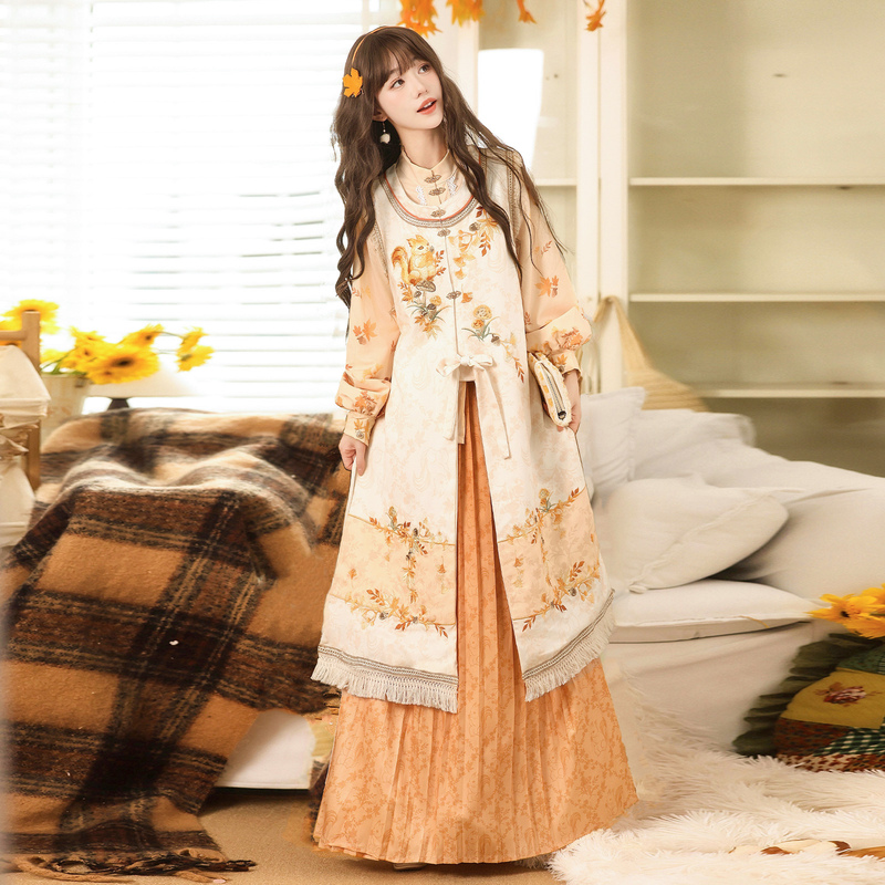 Luoshui Jiudu【Fengjianyu】Hanfu Women's Ming-Style Long Skirt with Lantern Sleeves Autumn and Winter Daily Outfit Luoshui Jiudu【Fengjianyu】Hanfu Women's Ming-Style Long Skirt with Lantern Sleeves Autumn and Winter Daily Outfit