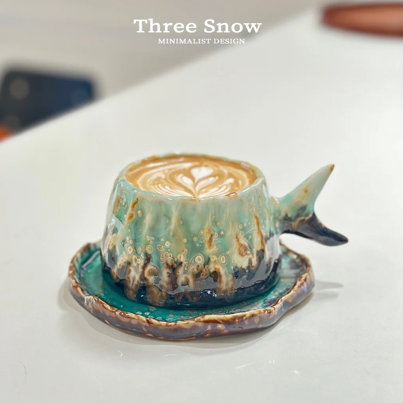 Three-Layer Glaze Coffee Cup with Fish Tail Design, Fish Tail Cup, Afternoon Tea Cup, Whale Cup, Birthday Gift