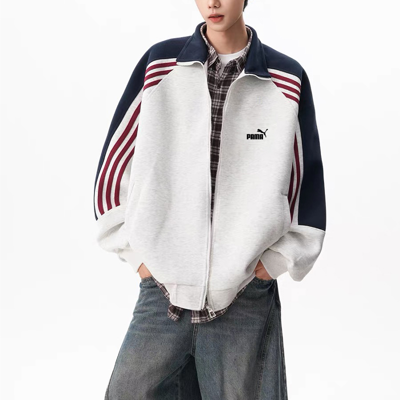Outlet Three-Stripe Patchwork Stand-Up Collar Sweatshirt, Unisex, Loose, Casual, Versatile, Lazy Style, Early Autumn Jacket