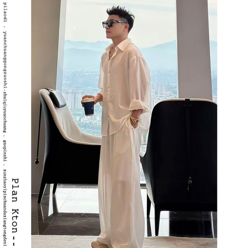 Summer Lyocell Tencel Lightweight Breathable Two-Piece Set for Men, Trendy High-End Sun-Protective Shirt and Loose Wide-Leg Pants