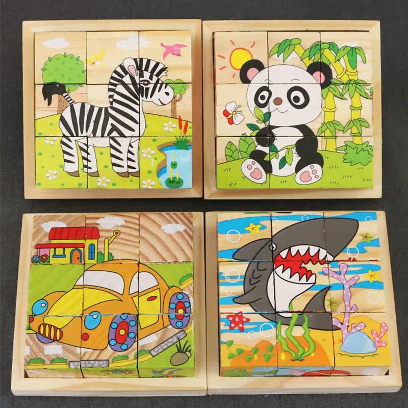 Wooden six-sided painting 9 pieces jigsaw puzzle children 3D three-dimensional building blocks 3-8 years old baby early education children educational small toys