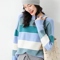 Wool blended 2024 spring new style womens loose round neck wide color strip short pullover base sweater sweater