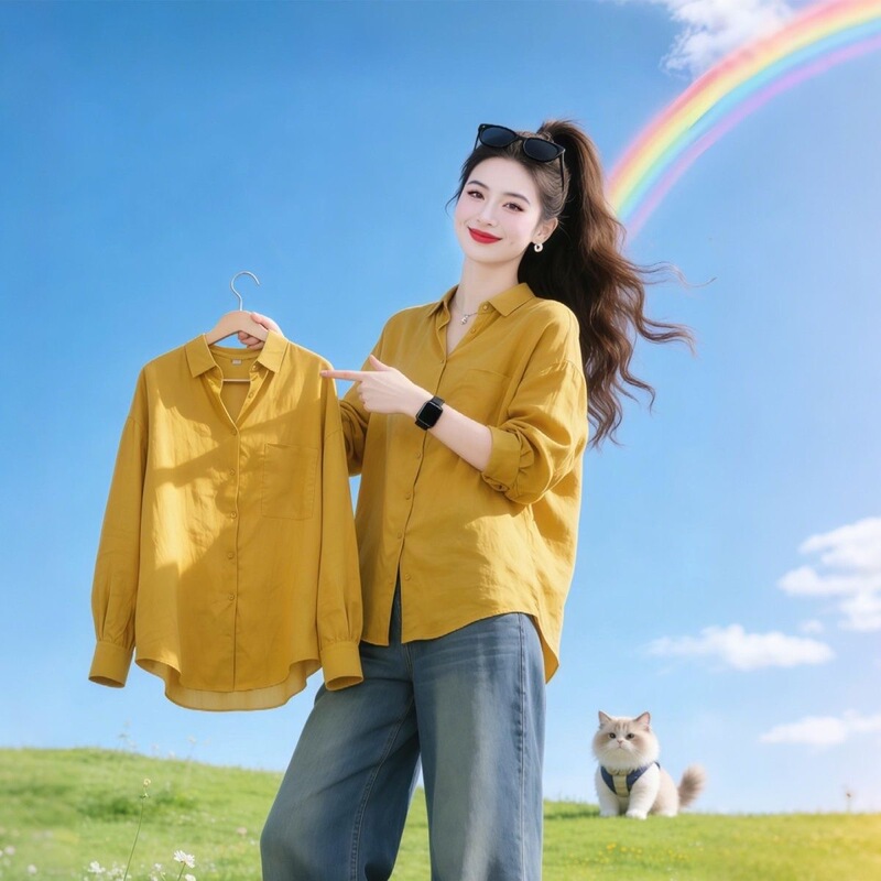 Yellow Polo Collar Long-Sleeved Shirt for Women, Autumn and Winter 2026 New Style, Loose Design, Niche Casual Layering Top