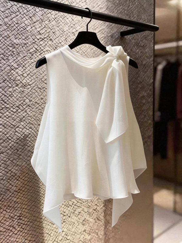 French-Style Elegant White Chiffon Sleeveless Vest for Women, Summer Loose Design with Unique Ribbon and Irregular Chiffon Top
