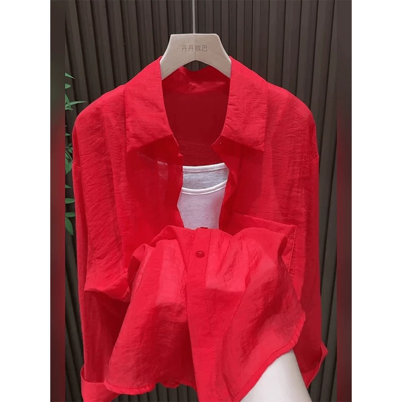 Red Linen Long-Sleeved Shirt for Women, Spring and Summer, French Style, High-End, Elegant, Loose-Fitting, Collared, Cotton-Linen Sun Protection Top, Early Autumn