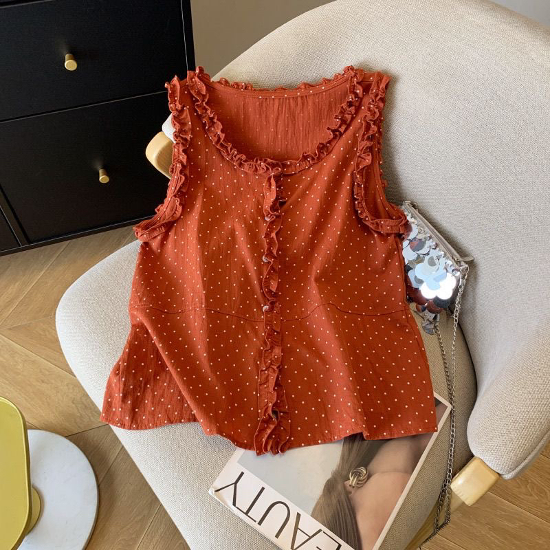 Guangzhou Thirteen Rows Women's High-End French Polka Dot Sleeveless Vest Shirt Summer Korean Style Ruffled Shirt Top