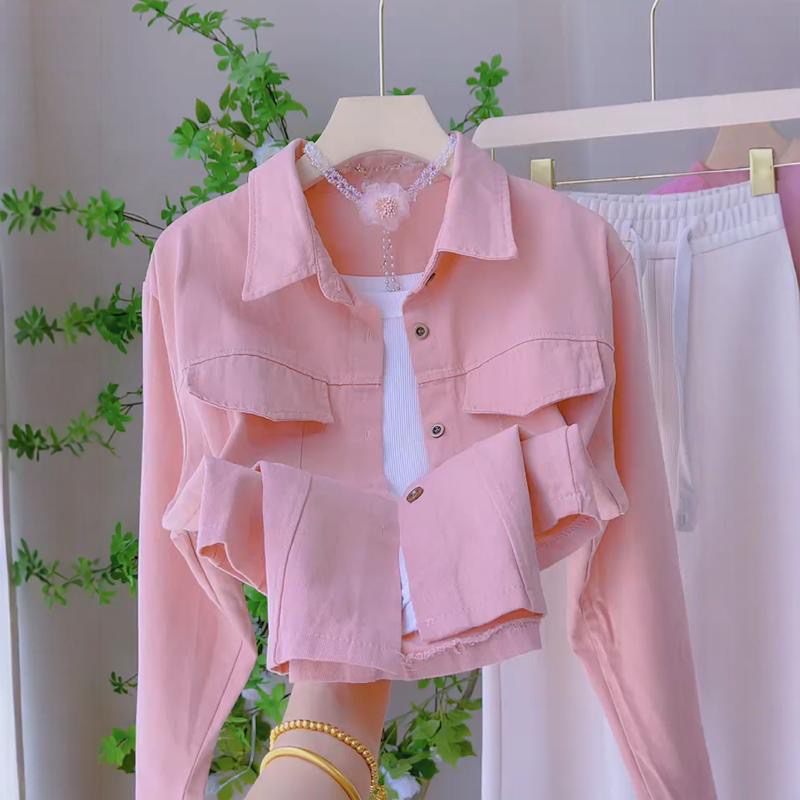 Pink Polo Collar Twill Shirt Jacket for Women, New Autumn Design, Short Style for Petite Figures, Casual and Versatile Shirt