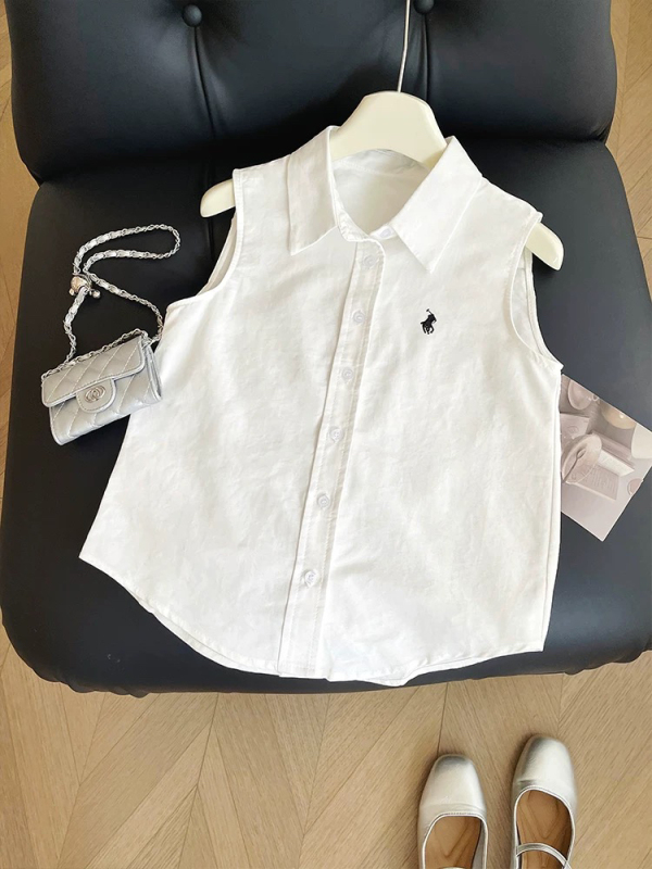 White Polo Collar Loose Sleeveless Embroidered Shirt for Women, 2026 Summer New Style, Old Money Style, Simple Casual Vest Top