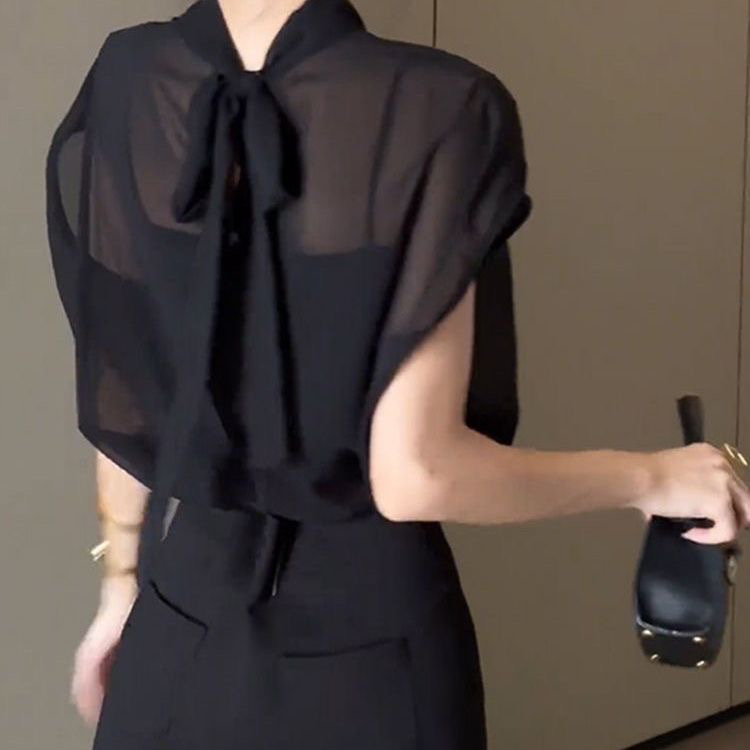 Black Sheer Sleeveless Shirt 2026 New Summer Women's Design with Bow Tie, High-End and Elegant Top