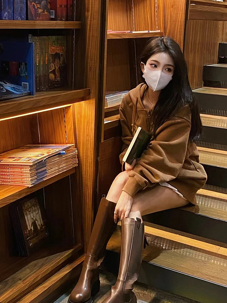 Autumn and winter large size plus velvet American retro brown jacket couple loose cotton zipper cardigan hooded sweater women