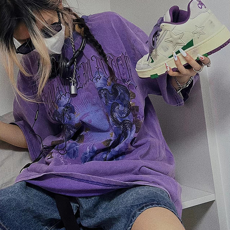 2026 Summer ins American-Style Trendy Brand Couple's Heavy-Duty Vintage T-Shirt, Loose High-Street Design, Purple Short-Sleeve for Women and Men