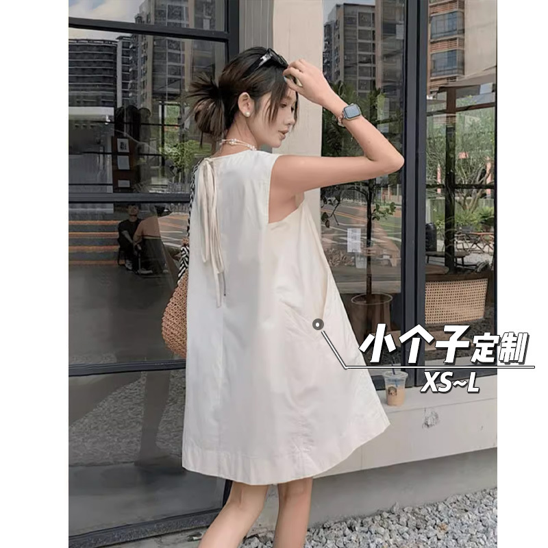 French-Style Back Zipper Dress for Women, Summer, Petite Size 150, Elegant Tie-Up Sleeveless Loose Tank Top Short Dress