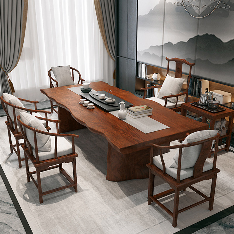 Solid wood large plate New Chinese style tea table and chairs Combined zen delectable tea table log whole plate boss table Kung Fu bubble tea table
