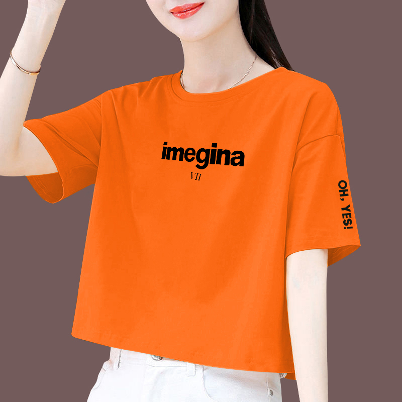 Orange Letter Print Short-Sleeve T-Shirt for Women, Summer 2025, Pure Cotton, Loose Fit, Round Neck, Unique High-Waisted Short Top, Trendy