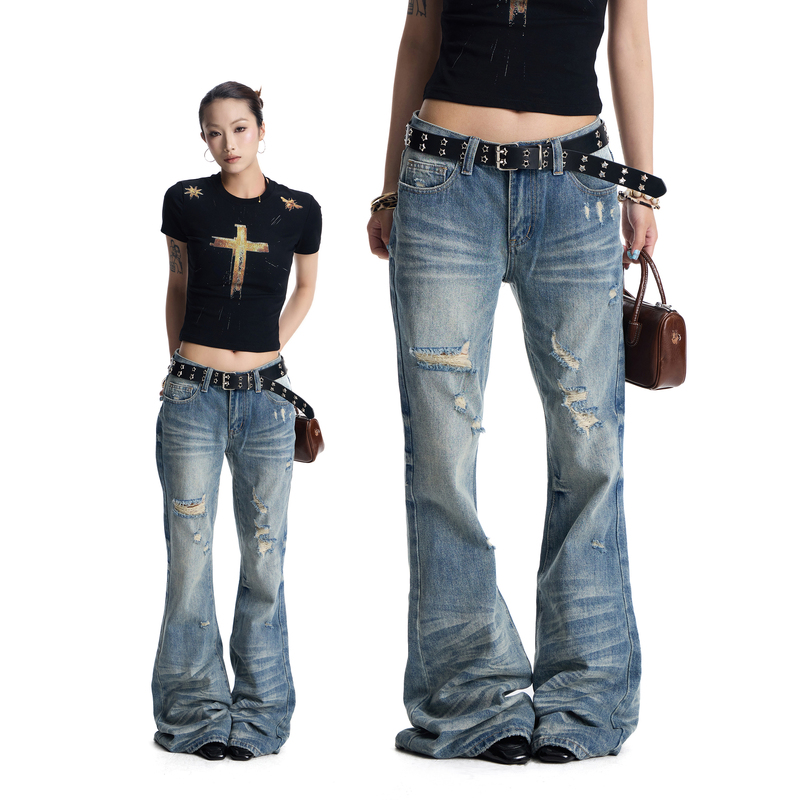 Antsstna American Street Style Flared Jeans Low-Rise Ripped Washed Blue Slim Fit Floor-Length Pants