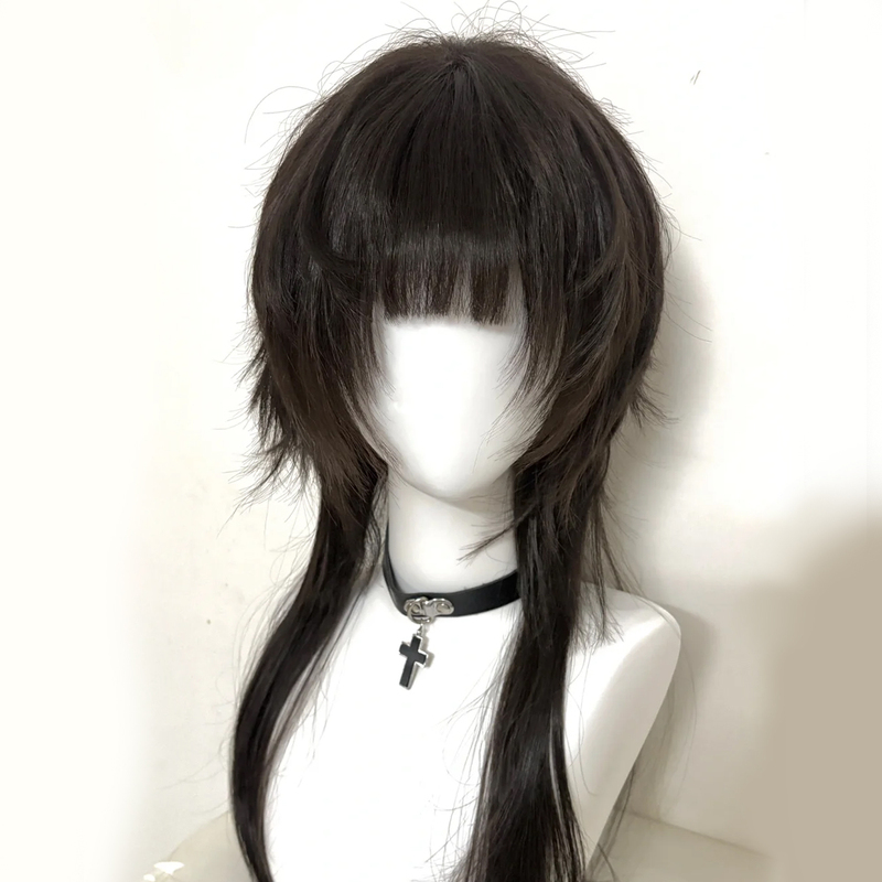 Jellyfish Head Wig with Air Bangs, High-Layered Dark Brown Long Wolf Tail, Subculture Natural Full Head Wig