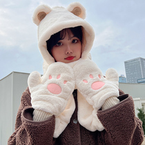 Bears paw gloves hat scarf all-in-one three-piece female winter Korean version cute student thickened plush ear protection cap