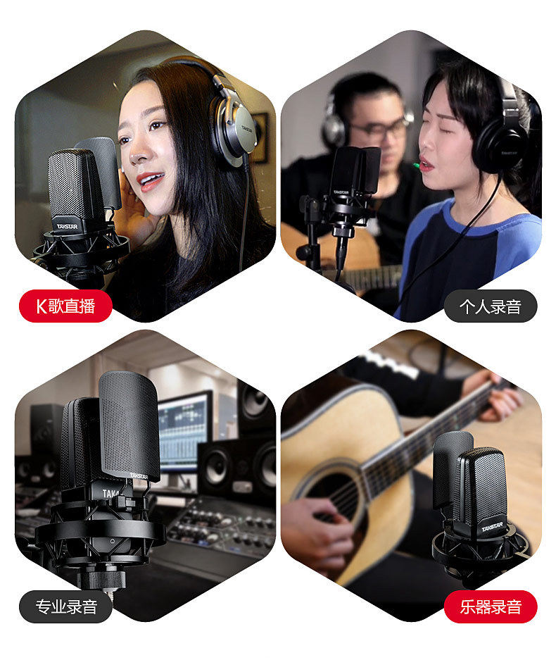 Микрофон takstar/得胜 tak45镀金34mm大振膜电容麦克风录音话筒声卡全套