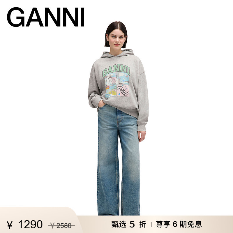 [Selected Discount] Ganni Women's Gray Cartoon Loose Hooded Sweatshirt Long Sleeve Shirt A1060034920