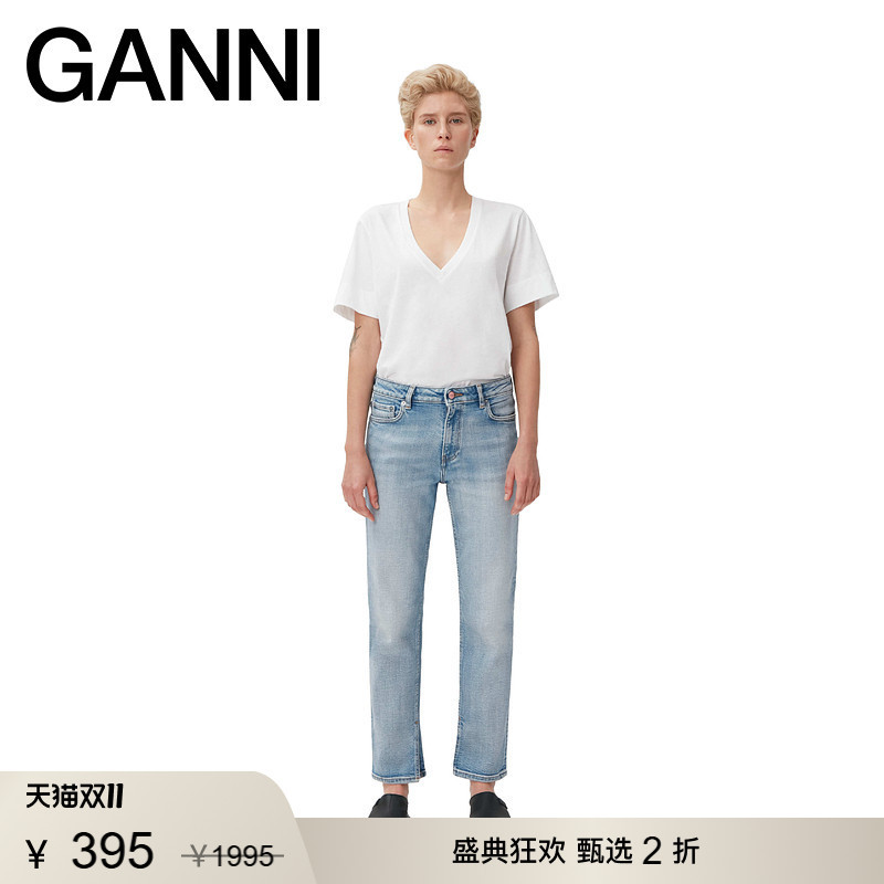 [Selected Discount] Ganni Women's Elastic Versatile Casual Denim Long Pants Autumn Straight Pants F6238565