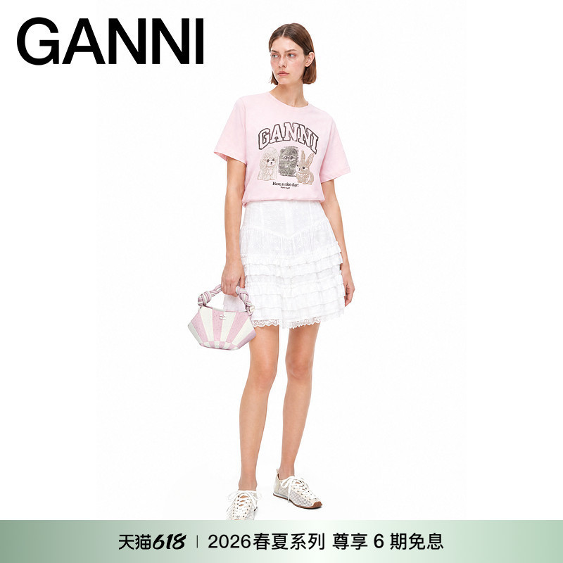 [Spring and Summer New Style] Ganni Women's Clothing Sweet Pink Animal Print High-End Pure Cotton Short-Sleeved T-Shirt A1050296868