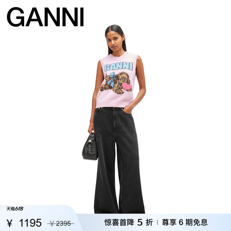 [Surprise First Release] Ganni Women's Clothing Pink Cartoon Knitted Vest Sleeveless Sweater K2616868