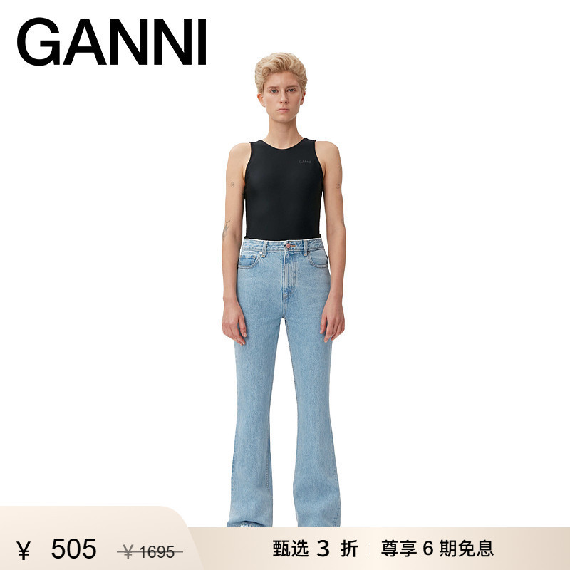 [Selected Discount] Ganni Women's Light Blue-Grey Slim Fit Casual Flared Jeans F6623564