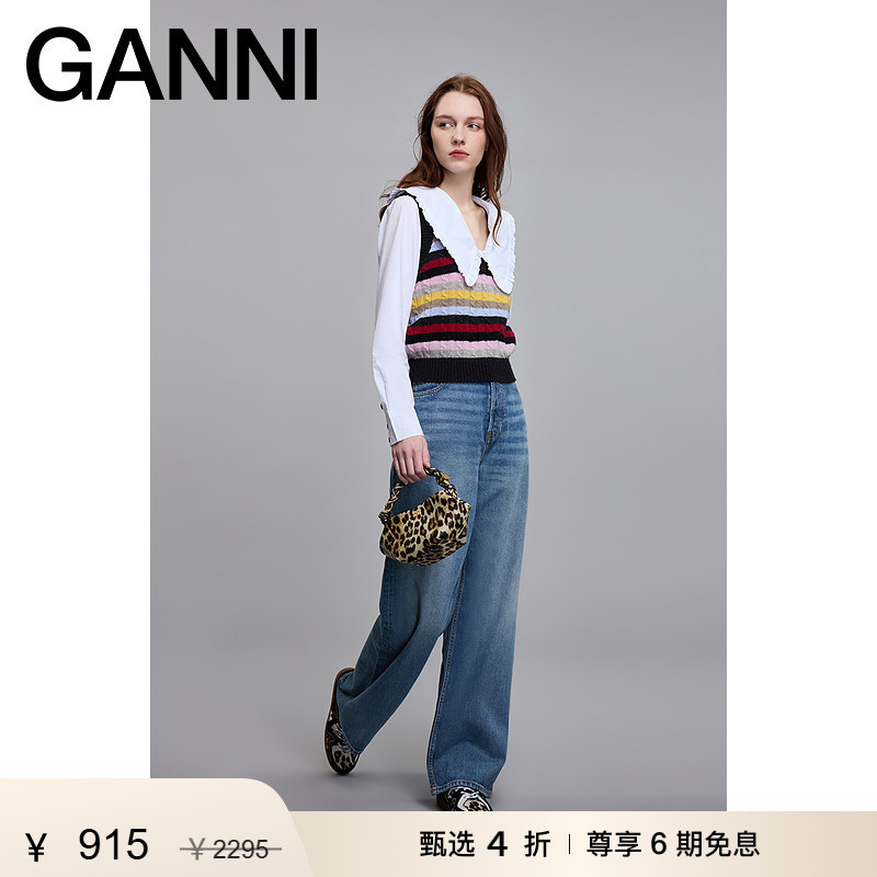 [Surprise First Release] Ganni Women's Clothing Retro Medium Blue Loose Pants Casual Jeans J1639567
