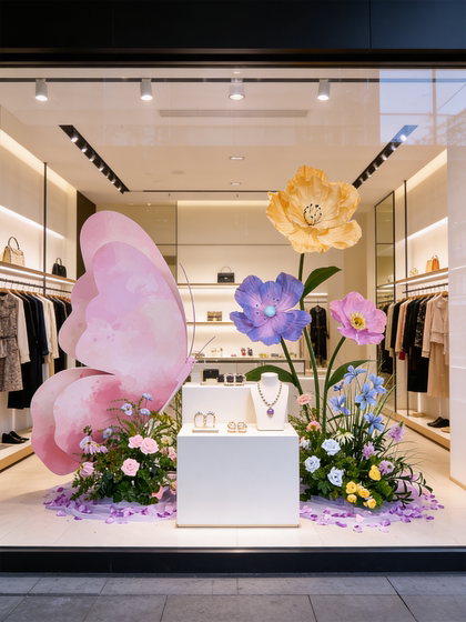 March 8Th Women's Day Shop Window Decoration Scene Setup Paper Art Flowers Butterfly Popular Photo Spot Spring Beauty Display