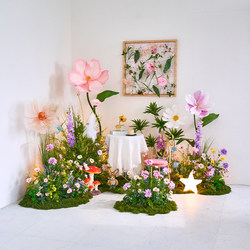 Monet Garden Artificial Flower Landscape Arrangement, Pink and Purple Engagement Floral Scene Decoration
