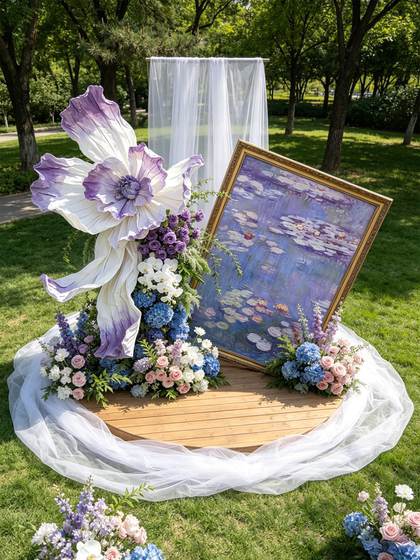 Artificial Flowers, High-End Realistic Floral Arrangements, Purple Monet Garden Oil Painting Kt Board Decorations