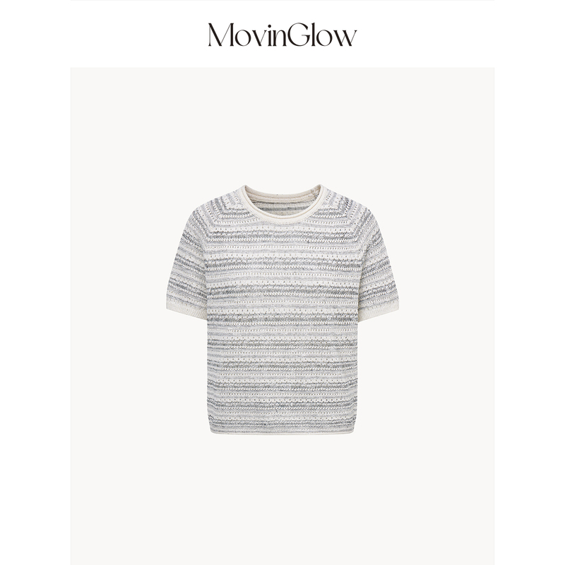 Movinglow｜Minimalist Light Gap Cotton and Linen Double Yarn Mixed Color Hollow Sequin Knit Small Round Neck Short Sleeve Knitwear