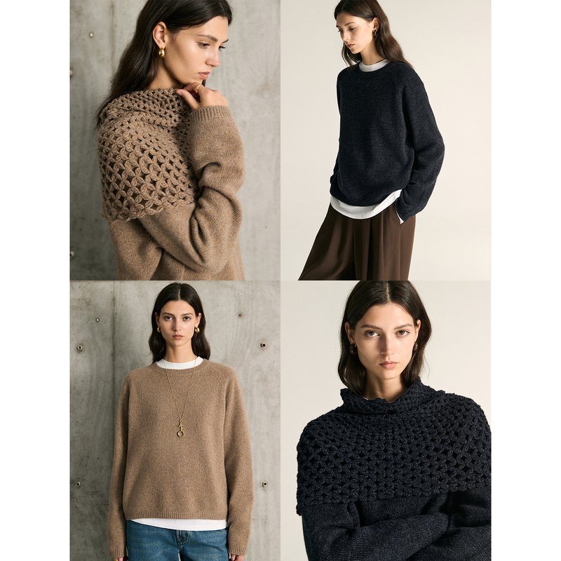 Movingglow |   Fun City Soft Gold 100% Cashmere Patchwork Loose Sweater & Crochet Scarf Shawl