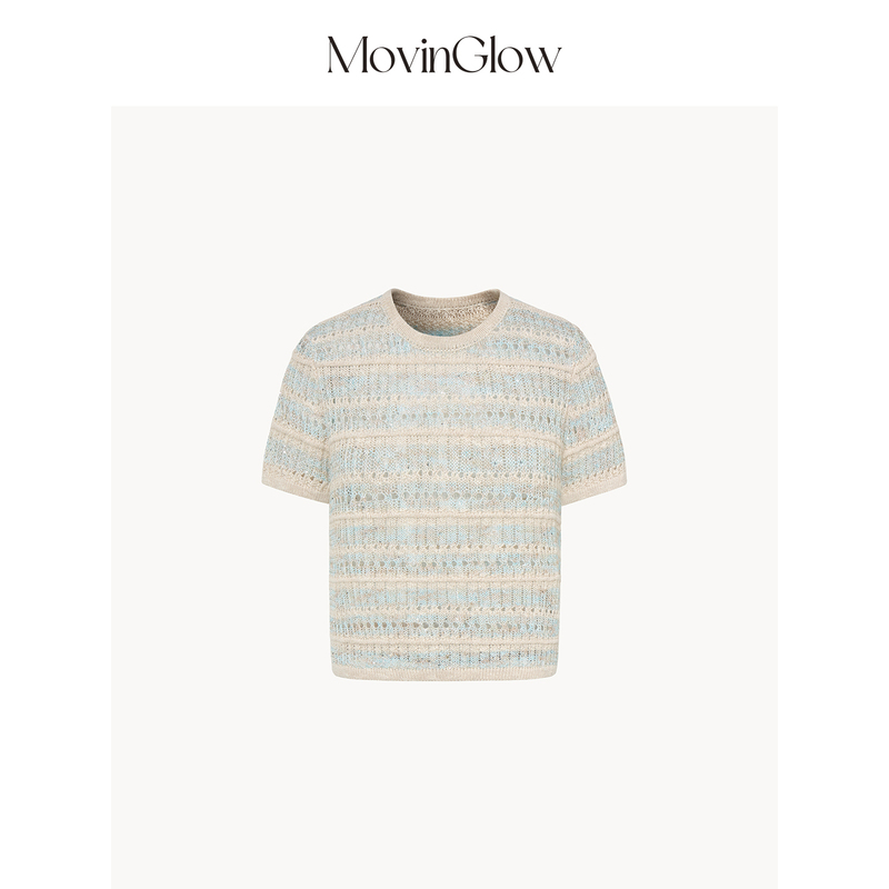 Movinglow｜Elegant Flowing Light Cotton and Linen Double Yarn Interwoven with Sequins and Hollow Knitting Round Neck Short-Sleeved Knitted T-Shirt
