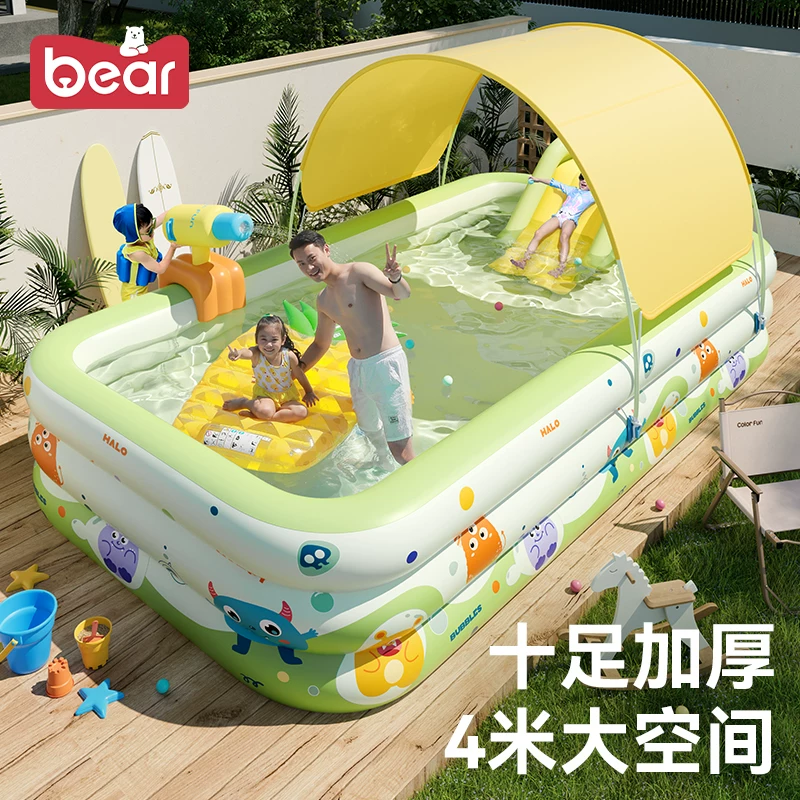 Inflatable Pool (Bear) 1.5–4.28 m, extra-thick walls — sunshade, slide & multi-layer options